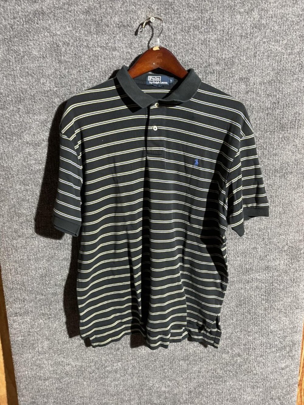 Polo Ralph Lauren Polo Shirt Mens Large Black Stripe Short Sleeve Cotton Casual